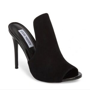 Steve Madden Sinful Sandal Heels Black Suede Cut Out Peep Toe Shoes Cocktail 7.5